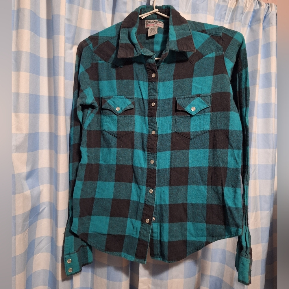Wrangler Women's Western Teal and Black Check Button-down